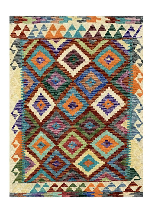 New Afghan Chobi Hand Woven Veg Dyed Wool Kilim Area Rug 4.4 x 2.9 Ft