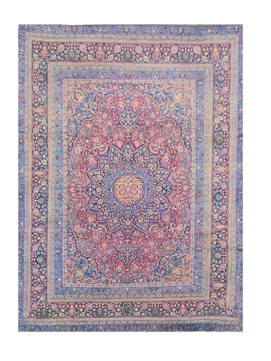 Amazing Hand Knotted Antique Persian Mashad Wool Area Rug 12.10 x 9.3 Ft