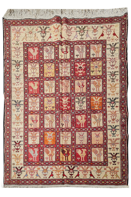 Fine Quality Hand Knotted Veg Dyed Soumak Pictorial Silk Kilim Area Rug 6 x 4 Ft (915 KHI)