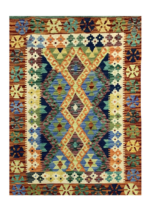 New Afghan Chobi Hand Woven Veg Dyed Wool Kilim Area Rug 4.8 x 2.9 Ft