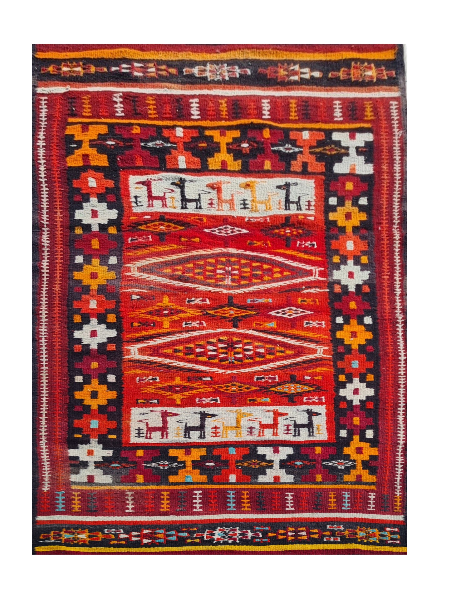 Hand Knotted Vintage Flat Weave Morocco Pictorial Kilim Kilim Wool Area Rug 7.10 x 3.7 Ft