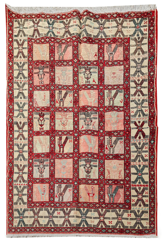 Fine Quality Hand Knotted Veg Dyed Soumak Pictorial silk Kilim Area Rug 6 x 4 Ft (914 KHI)