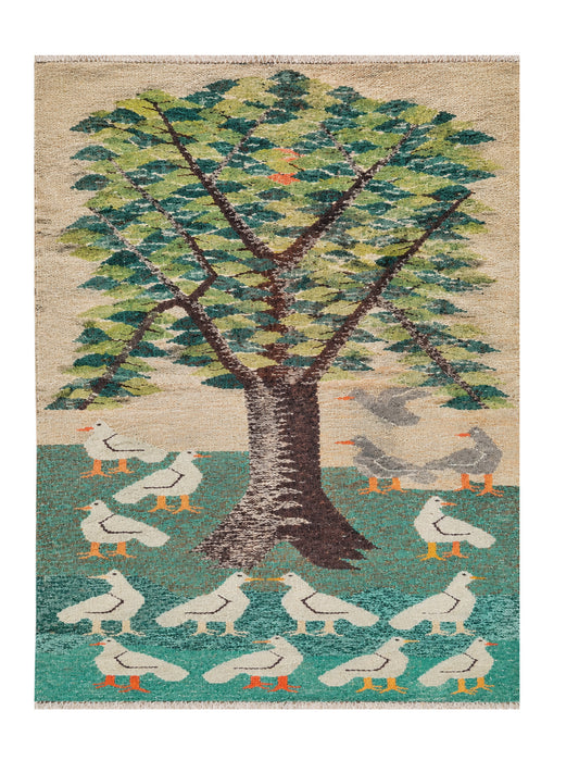 Hand Knotted Vintage Flat Weave Tunisian tapestry Pictorial Kilim Kilim Wool Area Rug 4.7 x 3.0 Ft