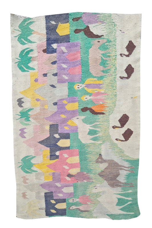 Hand Knotted Vintage Bulgaria Pictorial Kilim Wool Area Rug 4.2 x 2.7 Ft