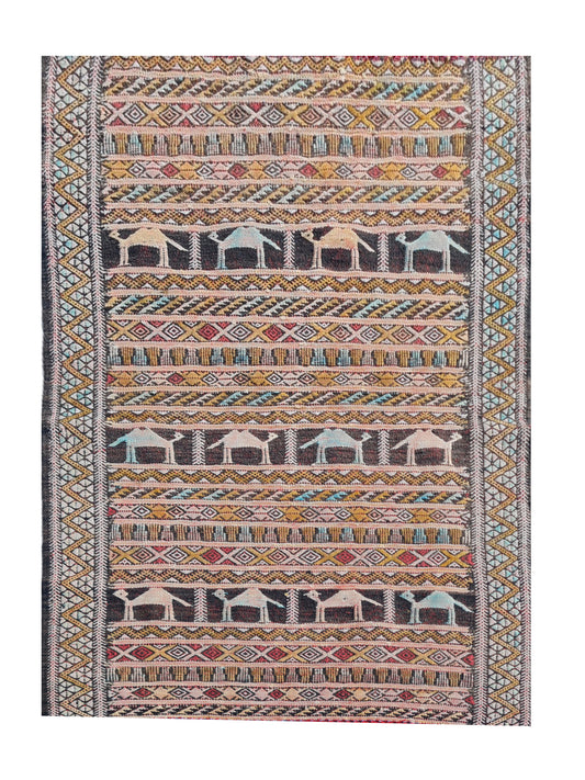Hand Knotted Vintage Flat Weave Morocco Pictorial Kilim Kilim Wool Area Rug 3.6 x 2.2 Ft