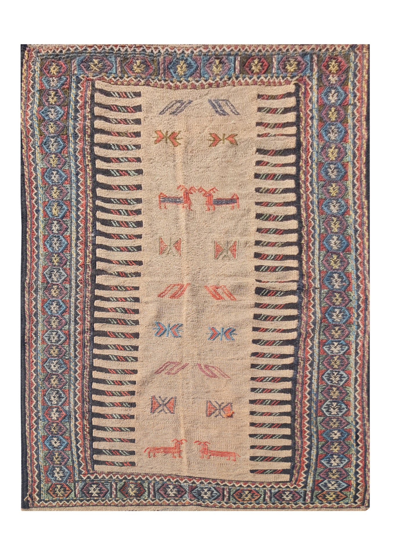 Hand Knotted Vintage Flat Weave Jajim Pictorial Kilim Wool Area Rug 5.4 x 3.3 Ft