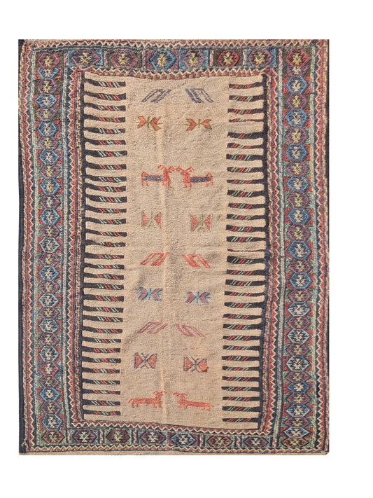 Hand Knotted Vintage Flat Weave Jajim Pictorial Kilim Wool Area Rug 5.4 x 3.3 Ft