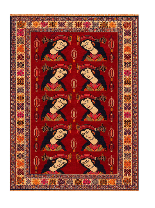 Amazing Hand Knotted Vintage Persian Sheraz Pictorial Wool Area Rug 8.10 x 5.3 Ft