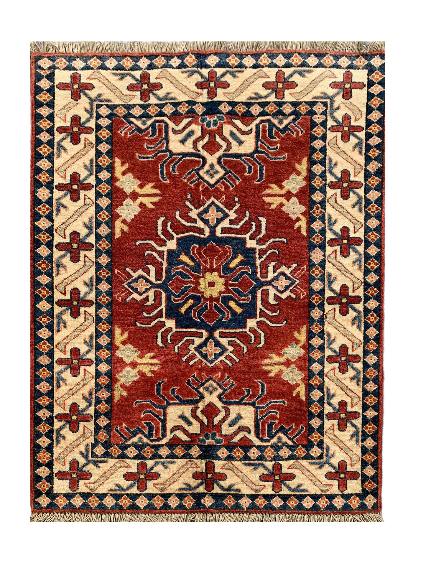 Amazing Hand Knotted Afghan Kazak Wool Area Rug 4.4 x 3.6 Ft