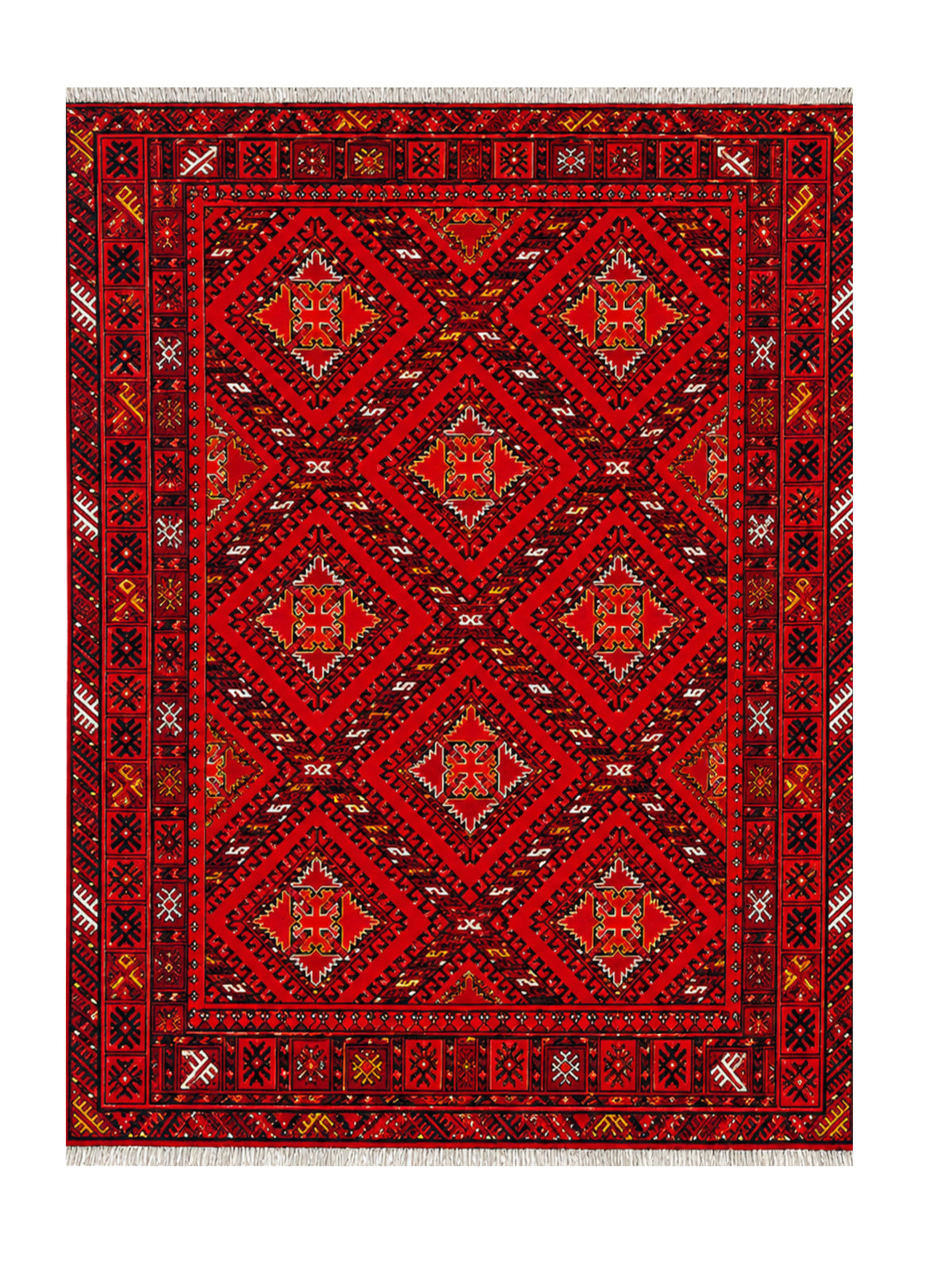 Amazing Hand Knotted Vintage Afghan Turkmen Wool Area Rug 7.4 x 4.11 Ft