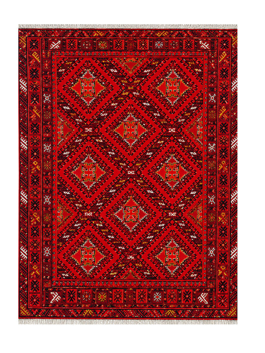 Amazing Hand Knotted Vintage Afghan Turkmen Wool Area Rug 7.4 x 4.11 Ft