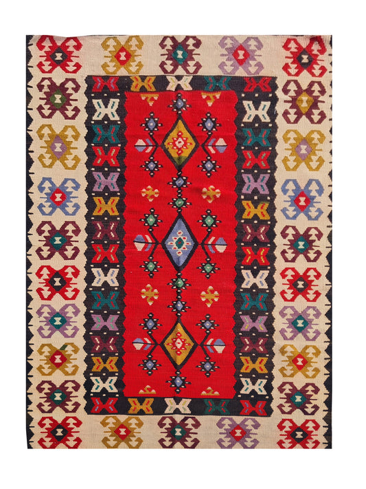 Hand Knotted Vintage Flat Weave Turkish Kilim Kilim Wool Area Rug 6.6 x 3.5 Ft