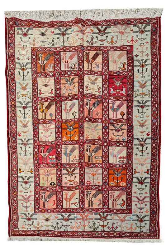 Fine Quality Hand Knotted Veg Dyed Soumak Pictorial Silk Kilim Area Rug 6 x 4 Ft (910 KHI)