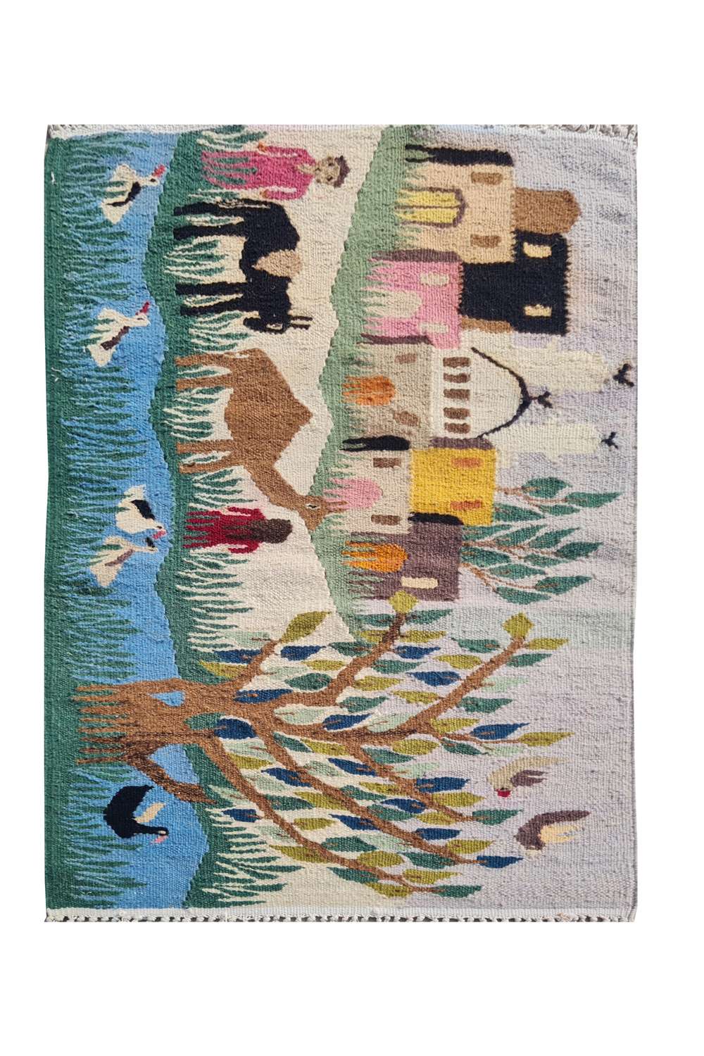 Hand Knotted Vintage Flat Weave Bulgaria Pictorial Kilim Kilim Wool Area Rug 3.0 x 1.11 Ft