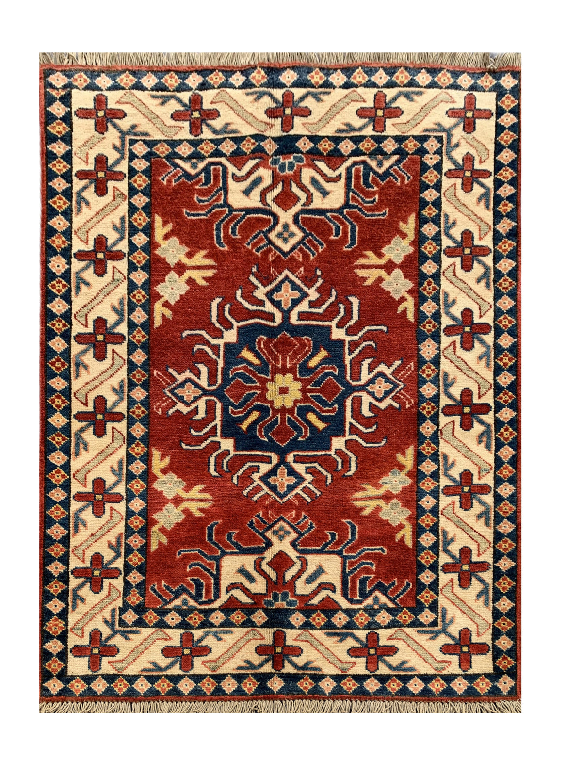 Amazing Hand Knotted Afghan Kazak Wool Area Rug 4.4 x 3.6 Ft