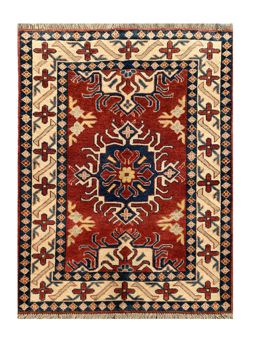 Amazing Hand Knotted Afghan Kazak Wool Area Rug 4.4 x 3.6 Ft