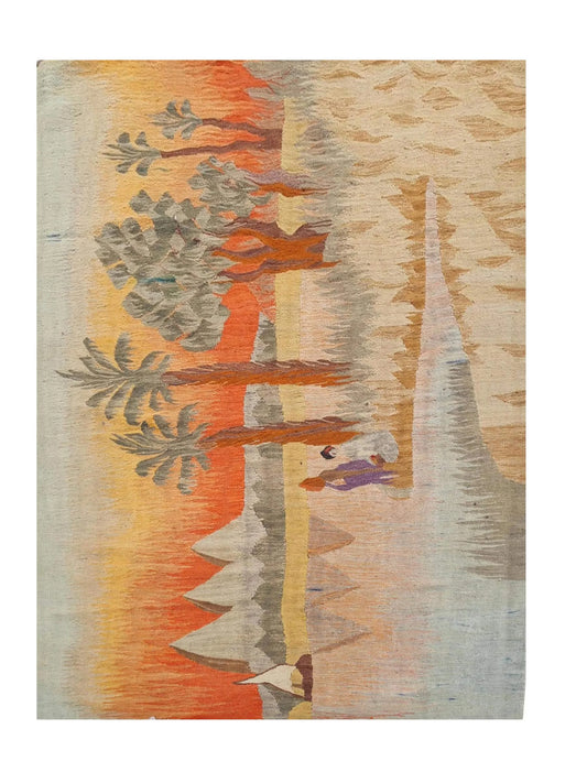 Rare Hand Knotted Vintage Bulgaria Pictorial Wool Kilim Area Rug 5.7 x 3.11 Ft