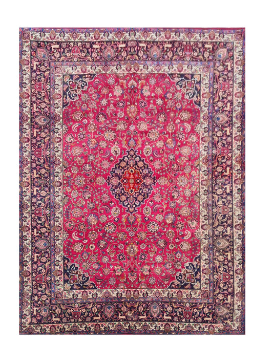 Amazing Hand Knotted Vintage Tribal Mashoud Wool Area Rug 12.9 x 9.8 Ft