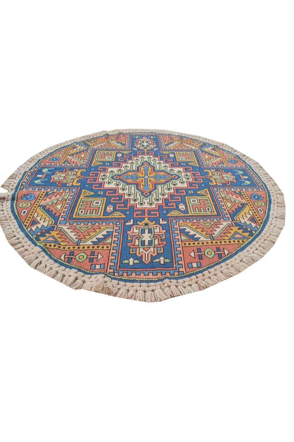Amazing Hand Knotted Vintage Flat Weave Kilim Round Wool Area Rug 4.1 x 4.1 Ft