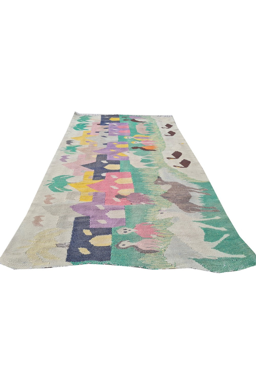 Hand Knotted Vintage Bulgaria Pictorial Kilim Wool Area Rug 4.2 x 2.7 Ft