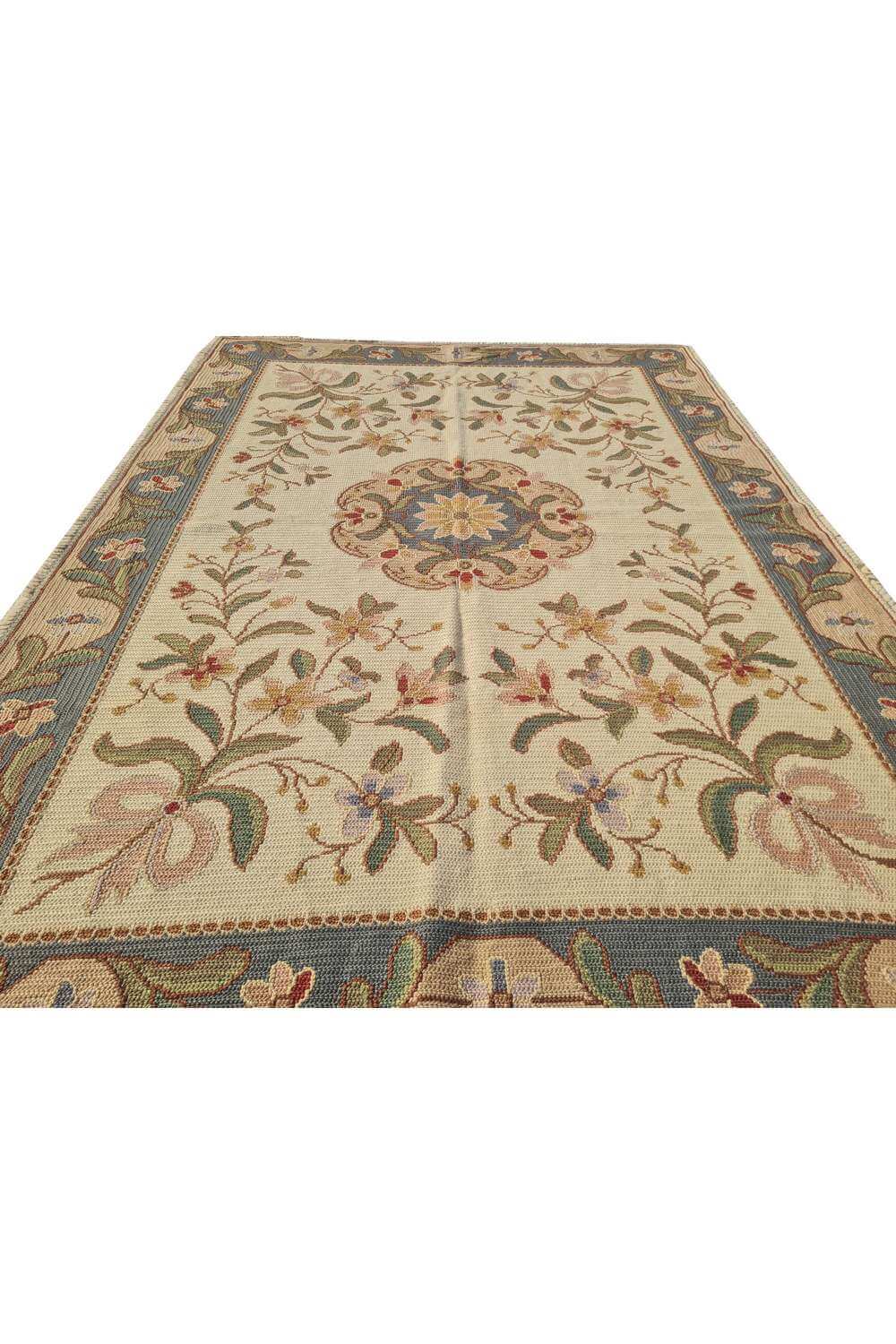 Hand Knotted Vintage Flat Weave France Kilim Kilim Wool Area Rug 7.4 x 5.2 Ft
