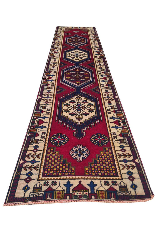Amazing Hand Knotted Vintage Turkish Wool Area Runner Rug 11 x 3 Ft