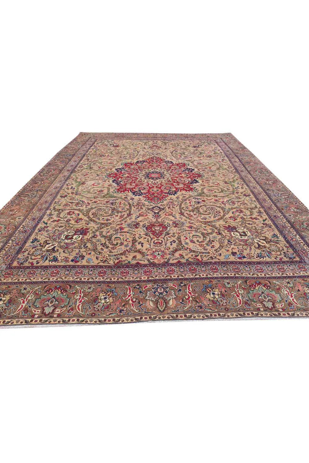 Authentic Hand Knotted Vintage Tabreez Wool Area Rug 12.6 x 9.3 Ft