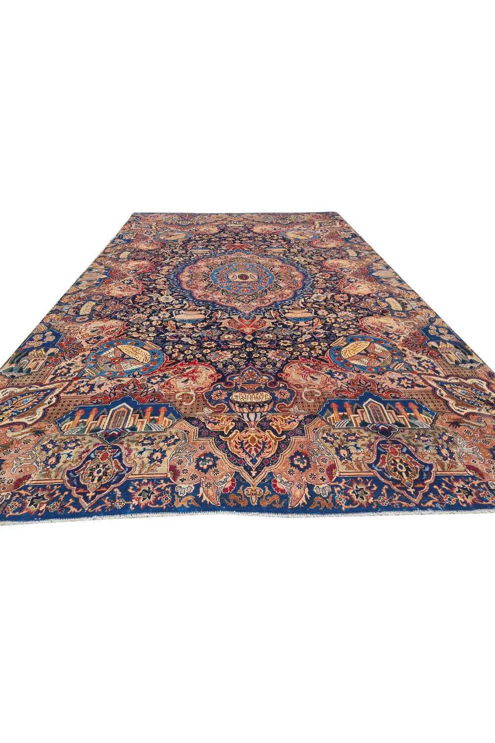 Authentic Hand Knotted Antique Kashmour Hunting Pictorial Wool Area Rug 12.11 x 7.9 Ft