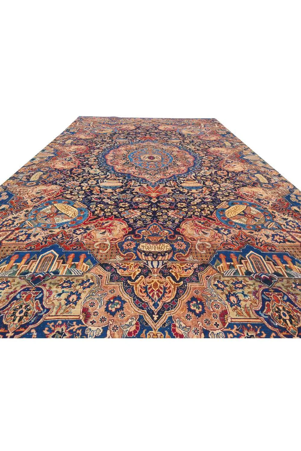 Authentic Hand Knotted Antique Kashmour Hunting Pictorial Wool Area Rug 12.11 x 7.9 Ft