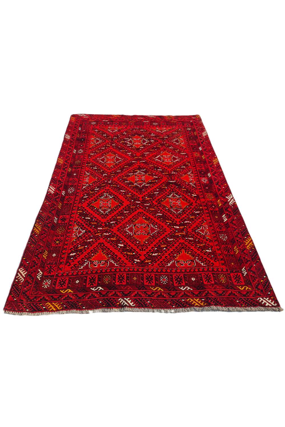 Amazing Hand Knotted Vintage Afghan Turkmen Wool Area Rug 7.4 x 4.11 Ft