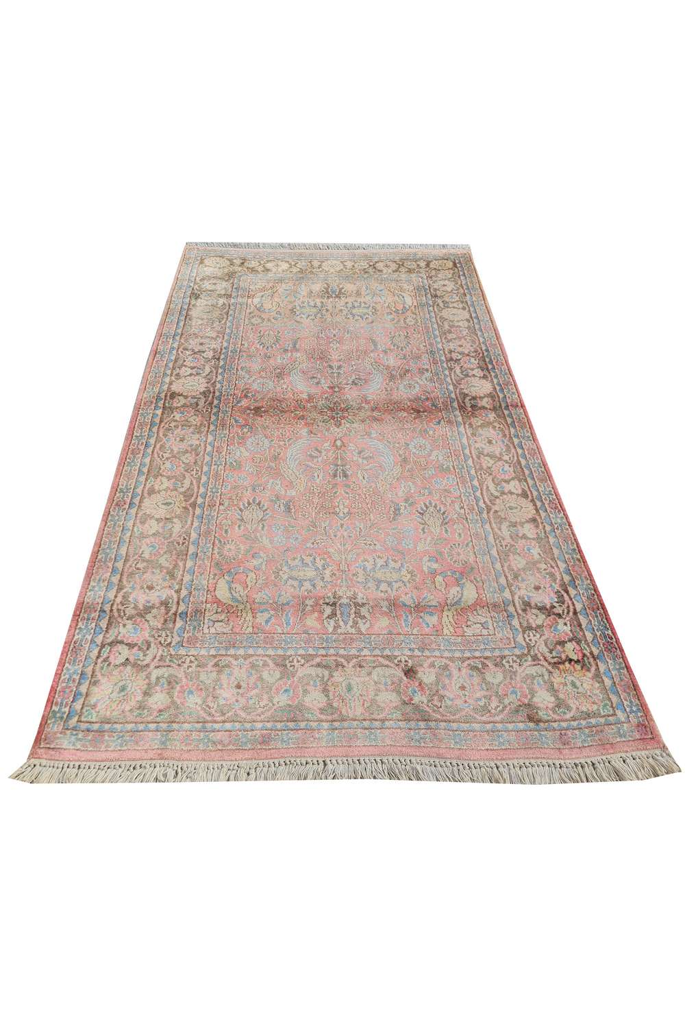 Amazing Hand Knotted Vintage Kashmiri Pictorial Silk Area Rug 5.3 x 3.1 Ft