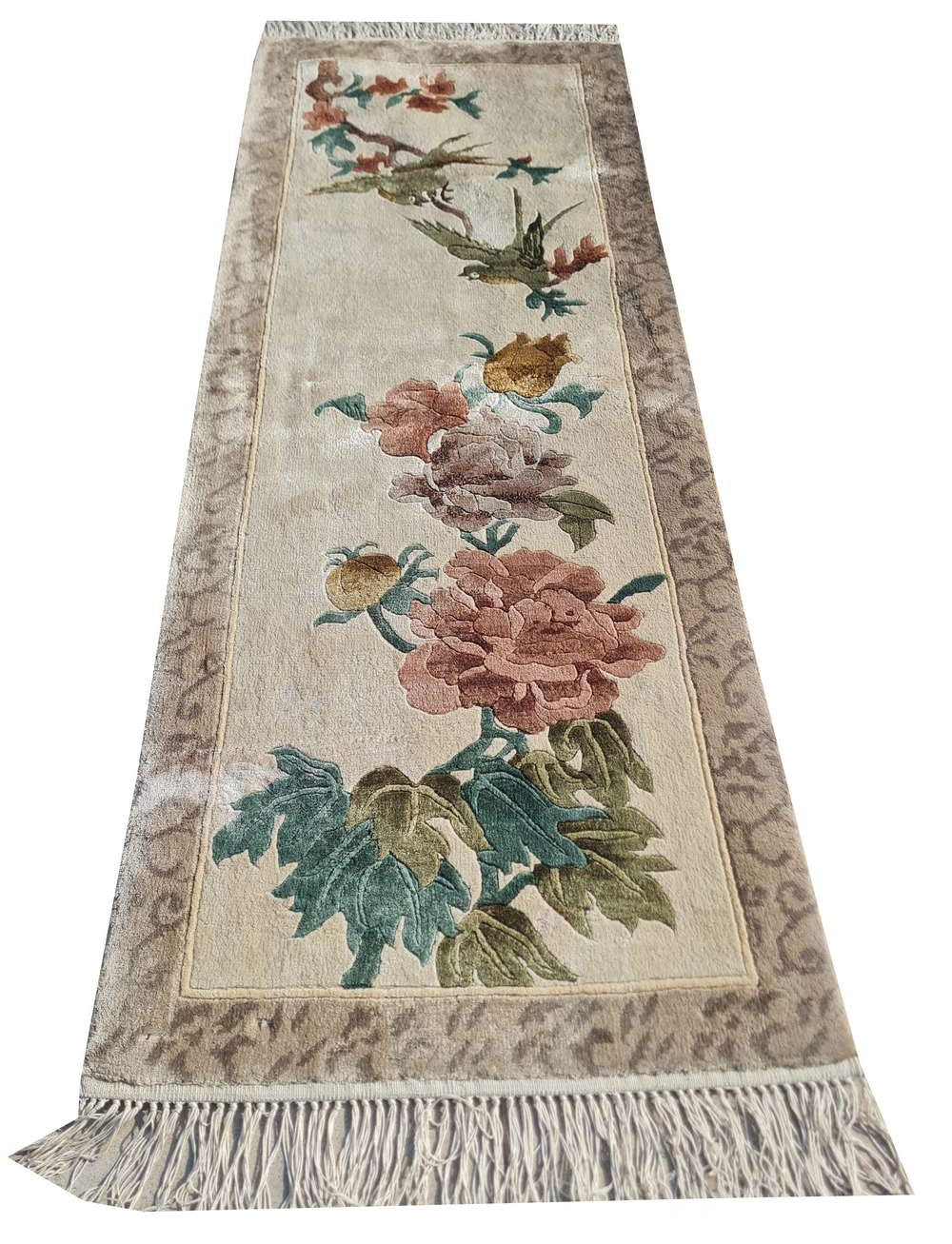 Amazing Hand Knotted Antique Sino Pictorial Silk Area Rug 4.1 x 1.6 Ft