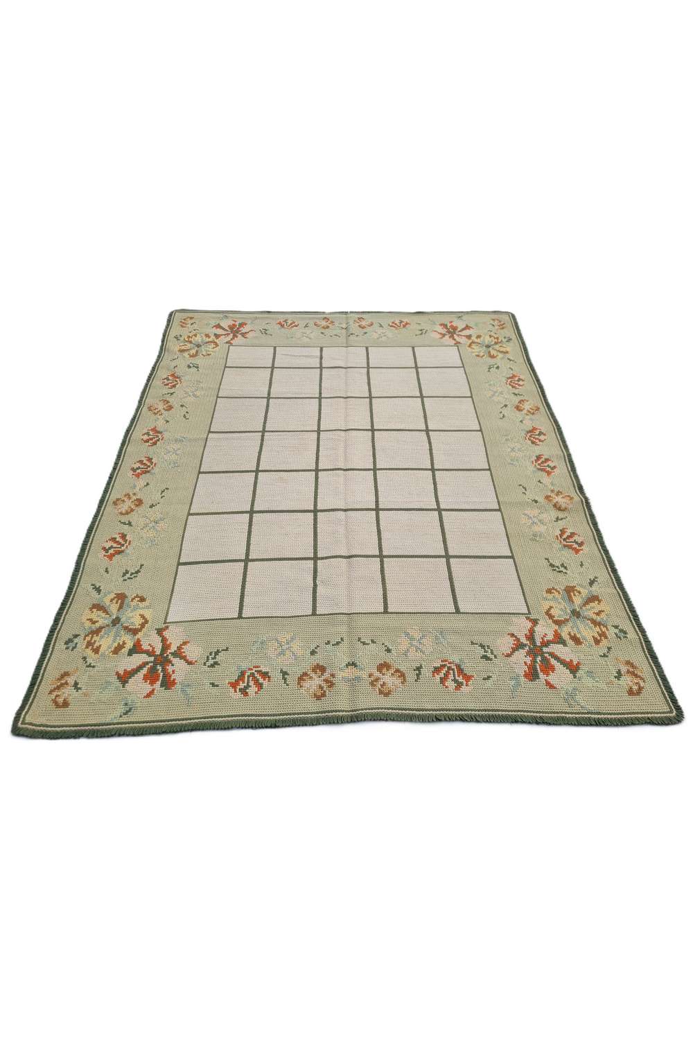 Hand Embroidered Needlework Vintage France Kilm Wool Area Rug 7.5 x 6.1 Ft