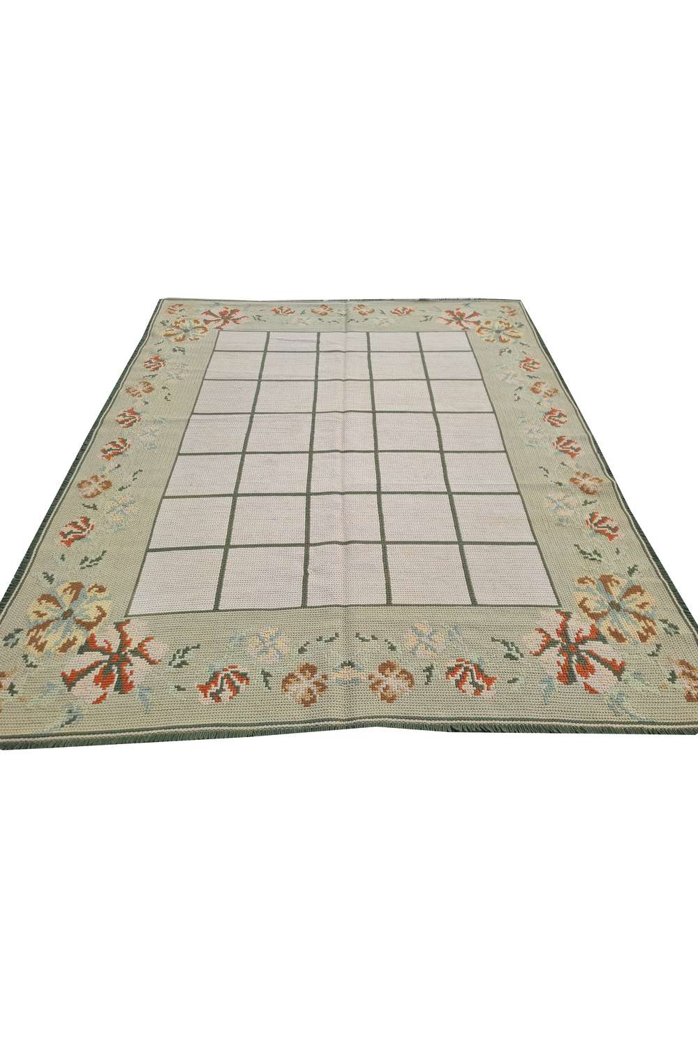 Hand Embroidered Needlework Vintage France Kilm Wool Area Rug 7.5 x 6.1 Ft