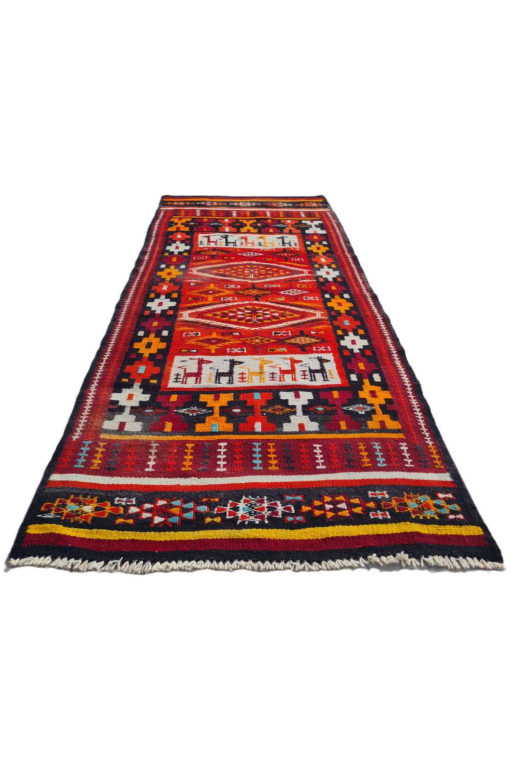 Hand Knotted Vintage Flat Weave Morocco Pictorial Kilim Kilim Wool Area Rug 7.10 x 3.7 Ft
