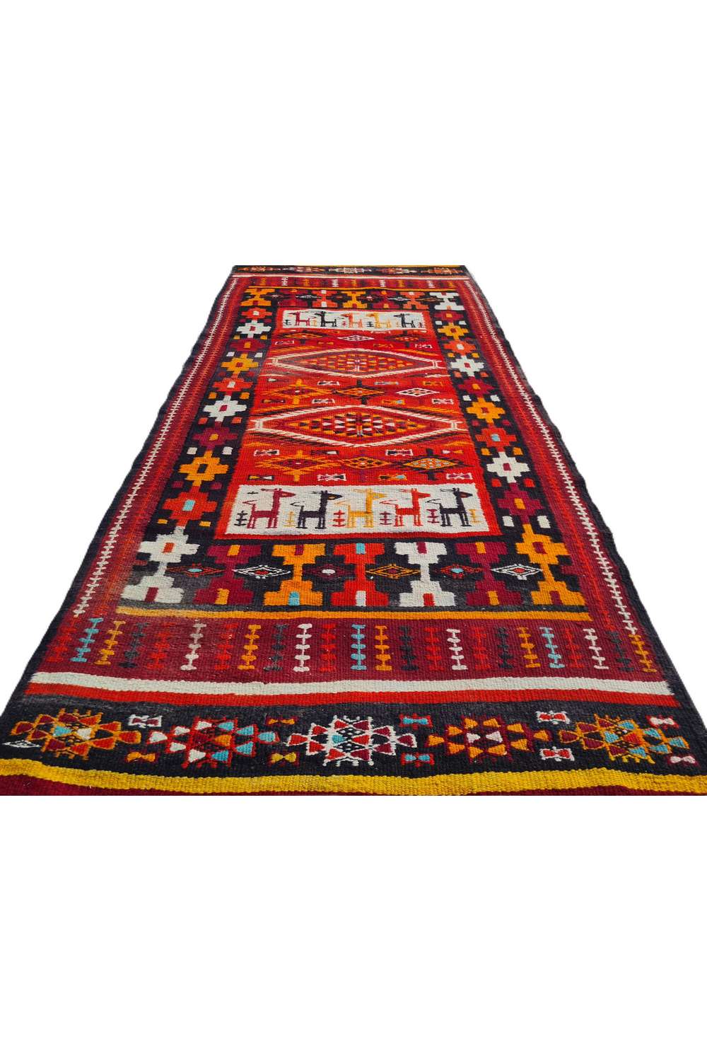 Hand Knotted Vintage Flat Weave Morocco Pictorial Kilim Kilim Wool Area Rug 7.10 x 3.7 Ft