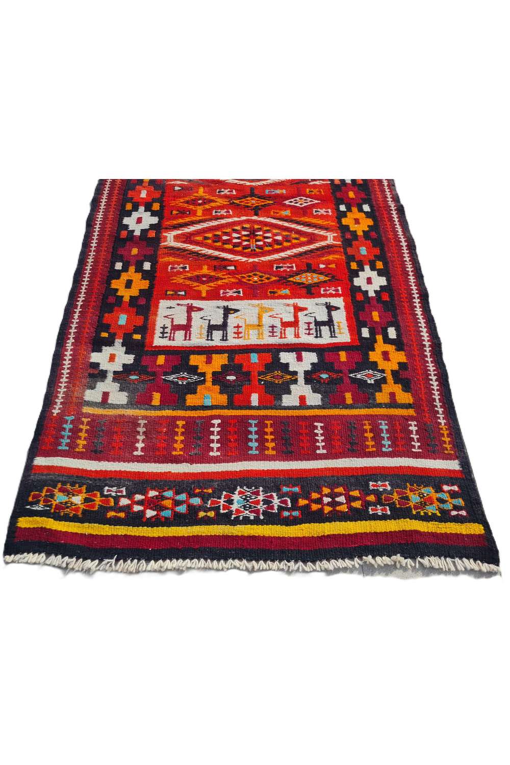 Hand Knotted Vintage Flat Weave Morocco Pictorial Kilim Kilim Wool Area Rug 7.10 x 3.7 Ft