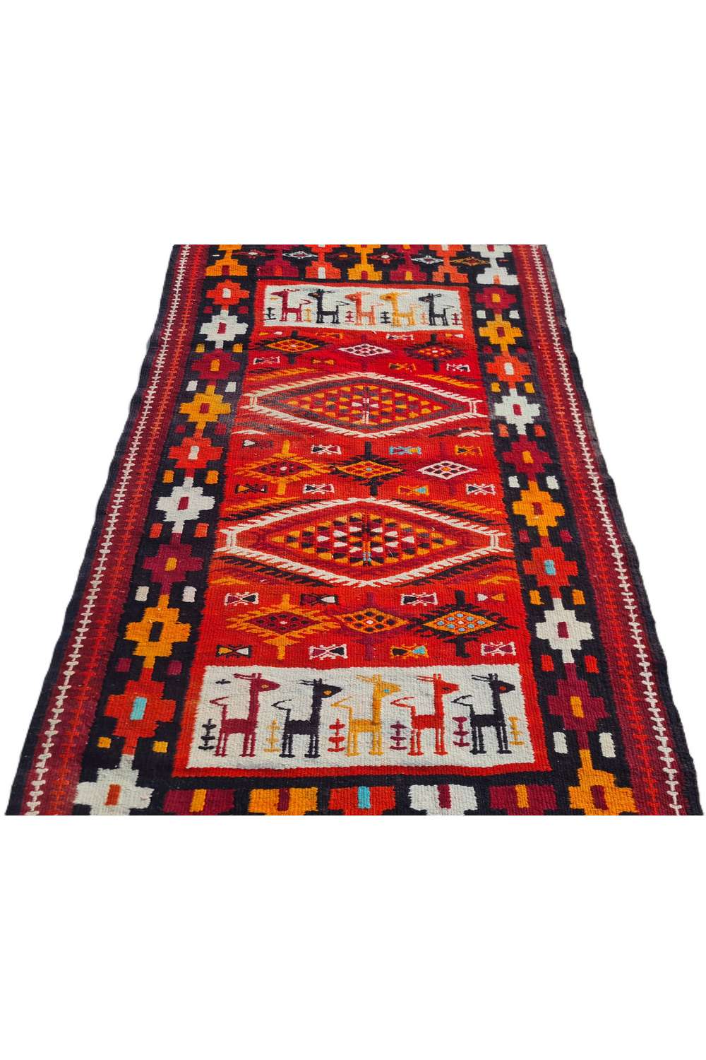 Hand Knotted Vintage Flat Weave Morocco Pictorial Kilim Kilim Wool Area Rug 7.10 x 3.7 Ft