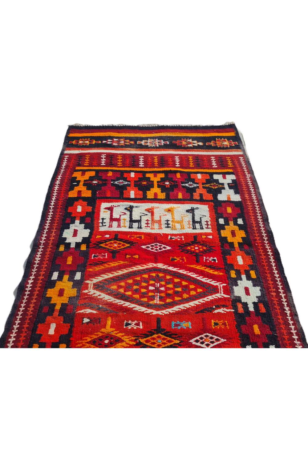 Hand Knotted Vintage Flat Weave Morocco Pictorial Kilim Kilim Wool Area Rug 7.10 x 3.7 Ft