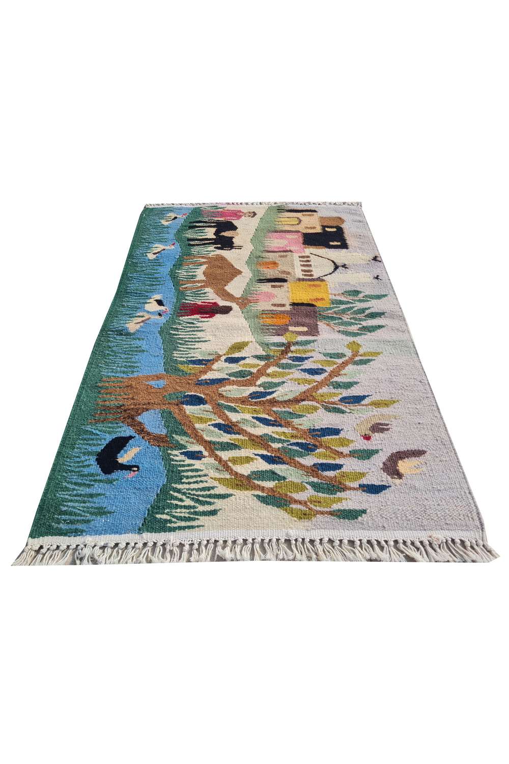 Hand Knotted Vintage Flat Weave Bulgaria Pictorial Kilim Kilim Wool Area Rug 3.0 x 1.11 Ft