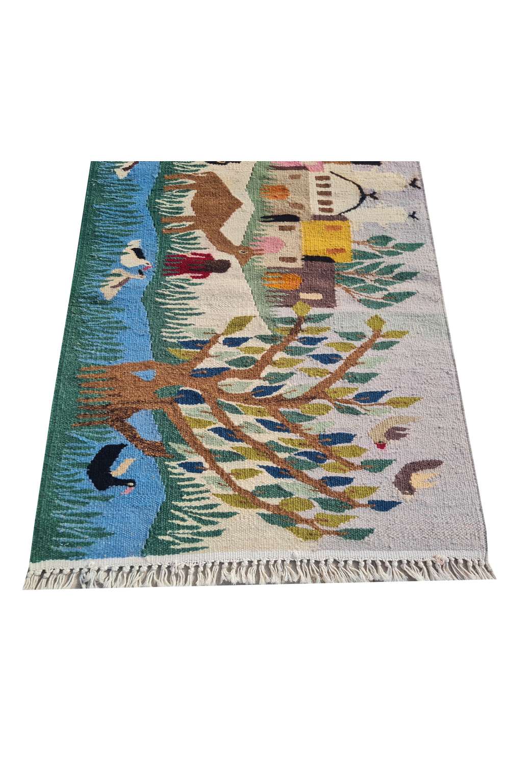 Hand Knotted Vintage Flat Weave Bulgaria Pictorial Kilim Kilim Wool Area Rug 3.0 x 1.11 Ft
