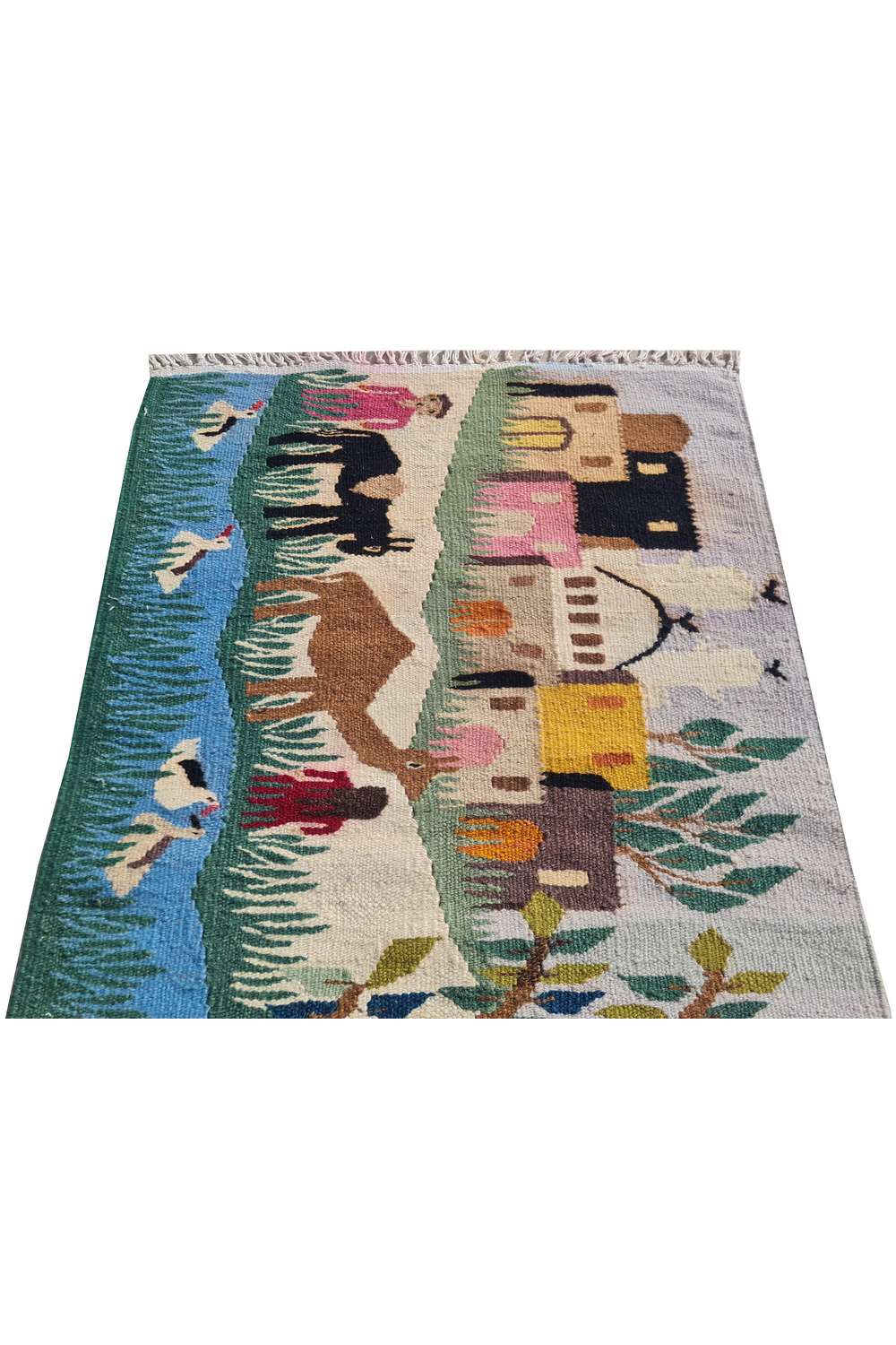 Hand Knotted Vintage Flat Weave Bulgaria Pictorial Kilim Kilim Wool Area Rug 3.0 x 1.11 Ft