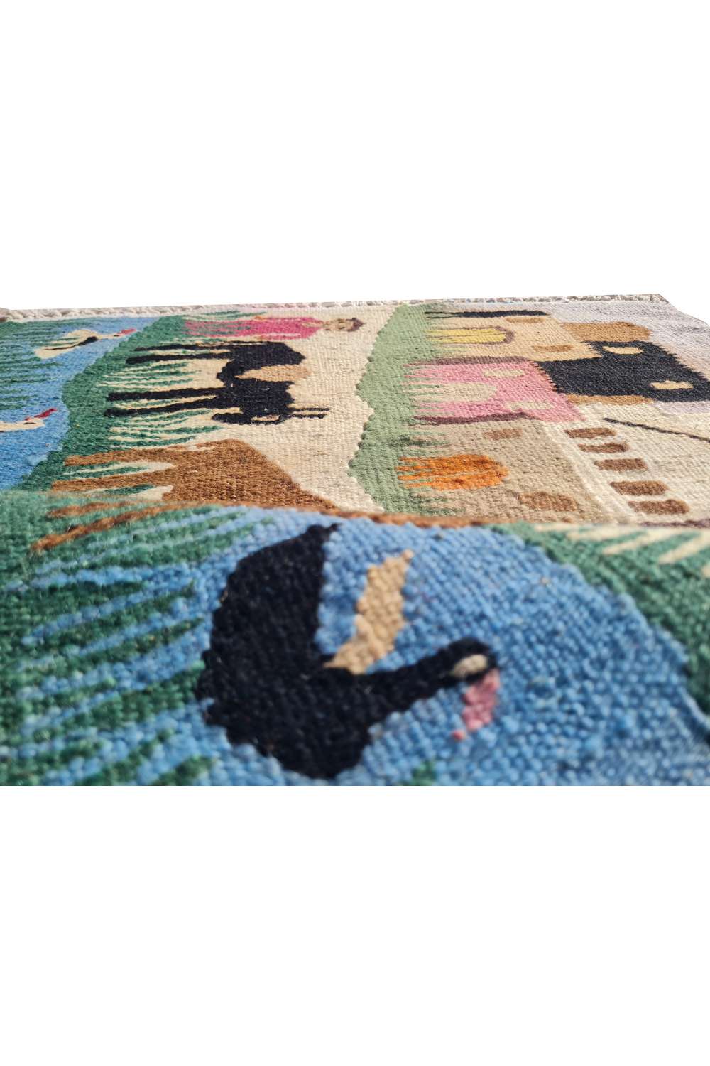 Hand Knotted Vintage Flat Weave Bulgaria Pictorial Kilim Kilim Wool Area Rug 3.0 x 1.11 Ft
