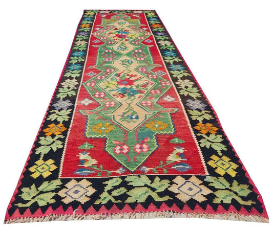 Hand Knotted Antique Flat Weave Turkish Kilim Kilim Wool Area Runner Rug 11.3 x 3.10 Ft