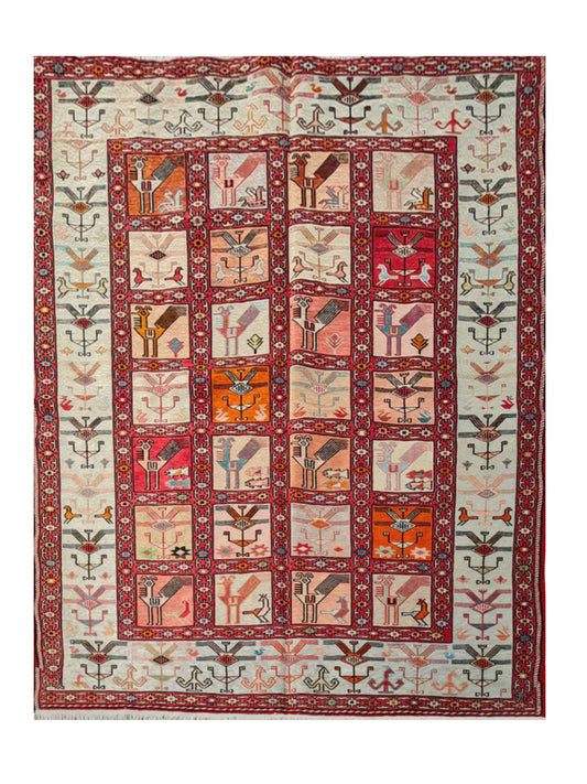 Fine Quality Hand Knotted Veg Dyed Soumak Pictorial Silk Kilim Area Rug 6 x 4 Ft (910 KHI)