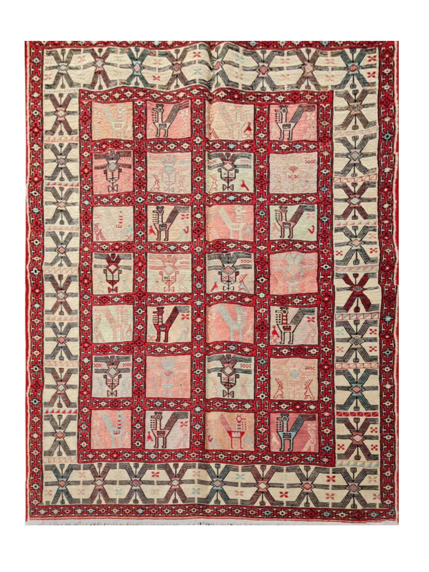Fine Quality Hand Knotted Veg Dyed Soumak Pictorial silk Kilim Area Rug 6 x 4 Ft (914 KHI)