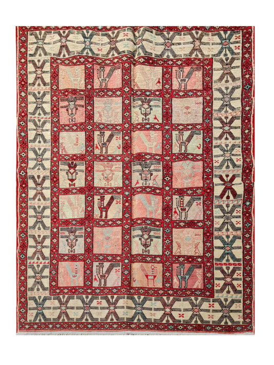 Fine Quality Hand Knotted Veg Dyed Soumak Pictorial silk Kilim Area Rug 6 x 4 Ft (914 KHI)