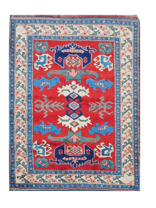 Authentic Hand Knotted Vintage Kurdi Wool Area Rug 5.5 x 4.0 Ft (930 Ger-4)