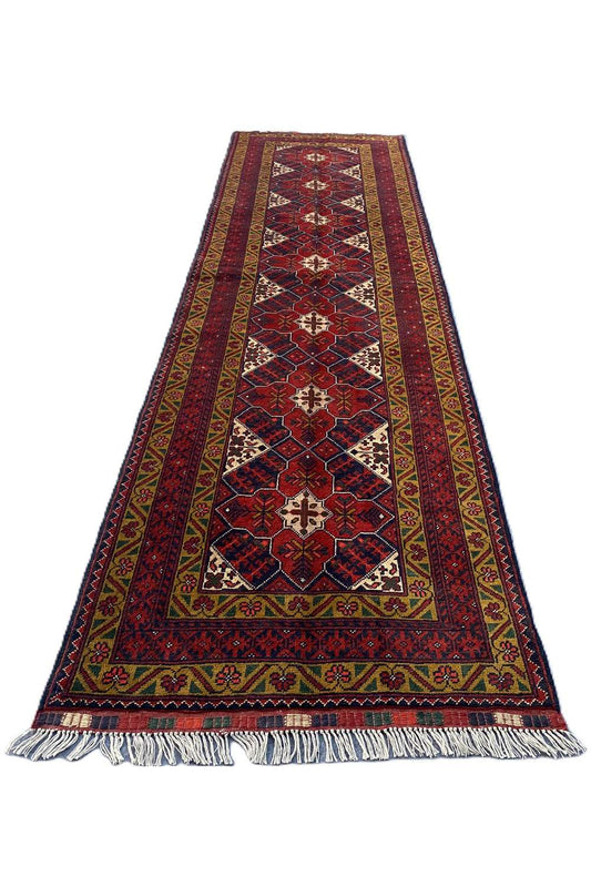Fine Quality Hand Knotted Afghan Khal Muhammadi Wool Area Runner Rug 9.8 x 2.9 Ft