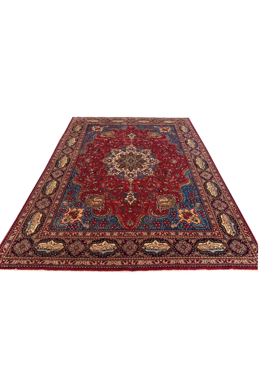 Authentic Hand Knotted Vintage Tabreez Hunting Pictorial Wool Area Rug 13.4 x 9.10 Ft